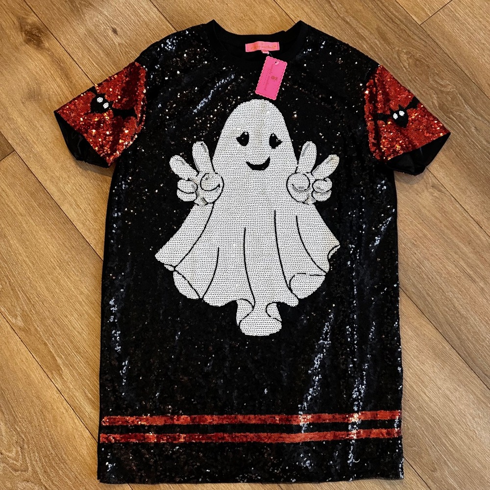 Simply Southern Halloween Ghost Sequin T-Shirt Dress Black Orange S/M NWT